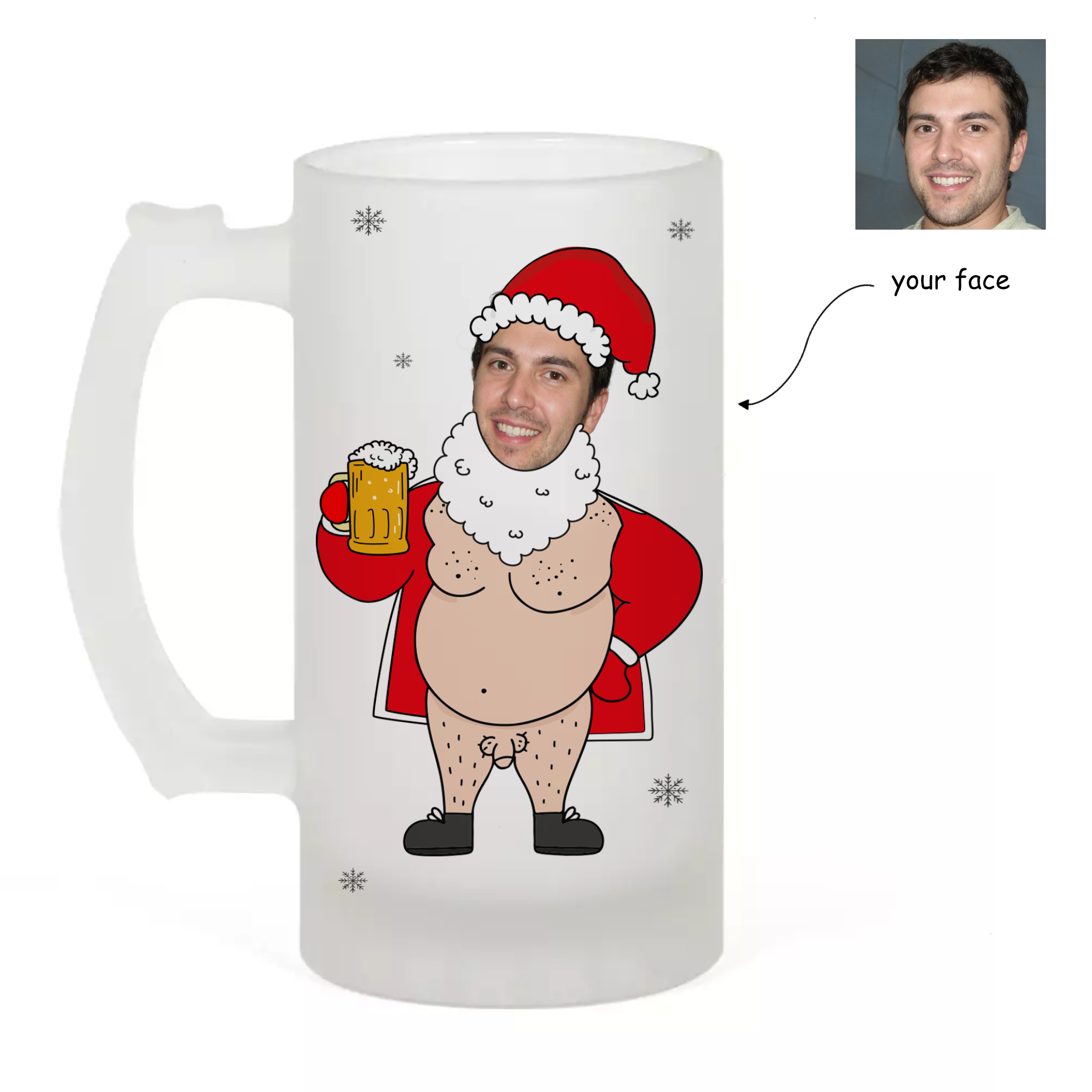 Christmas beer glass with fun cheeky festive design, great gift for dads, mates or beer lovers