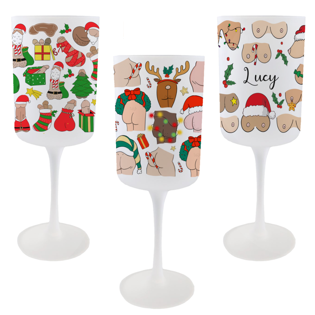 Bold Christmas wine glass with festive design, perfect gift for wine lovers, friends or cheeky Secret Santa swaps