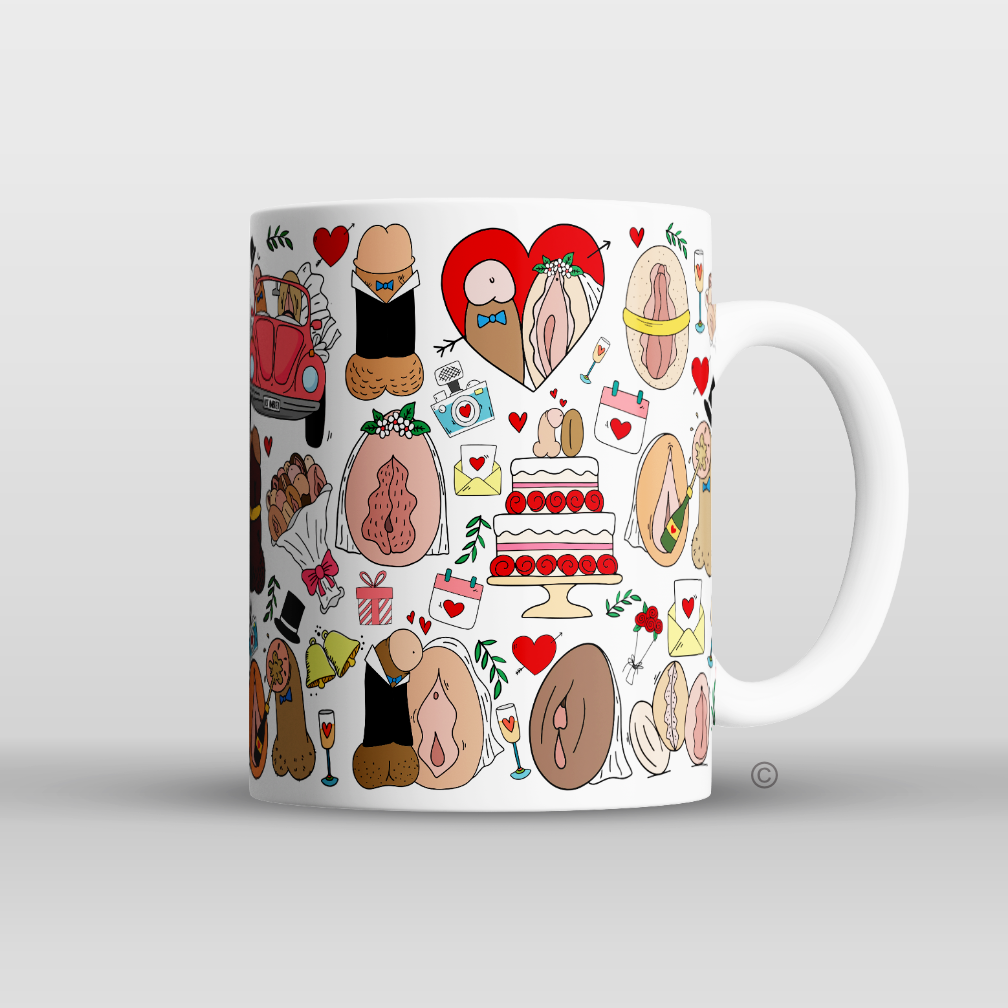 Funny wedding or anniversary mug with bold cheeky design, great gift for couples or newlyweds