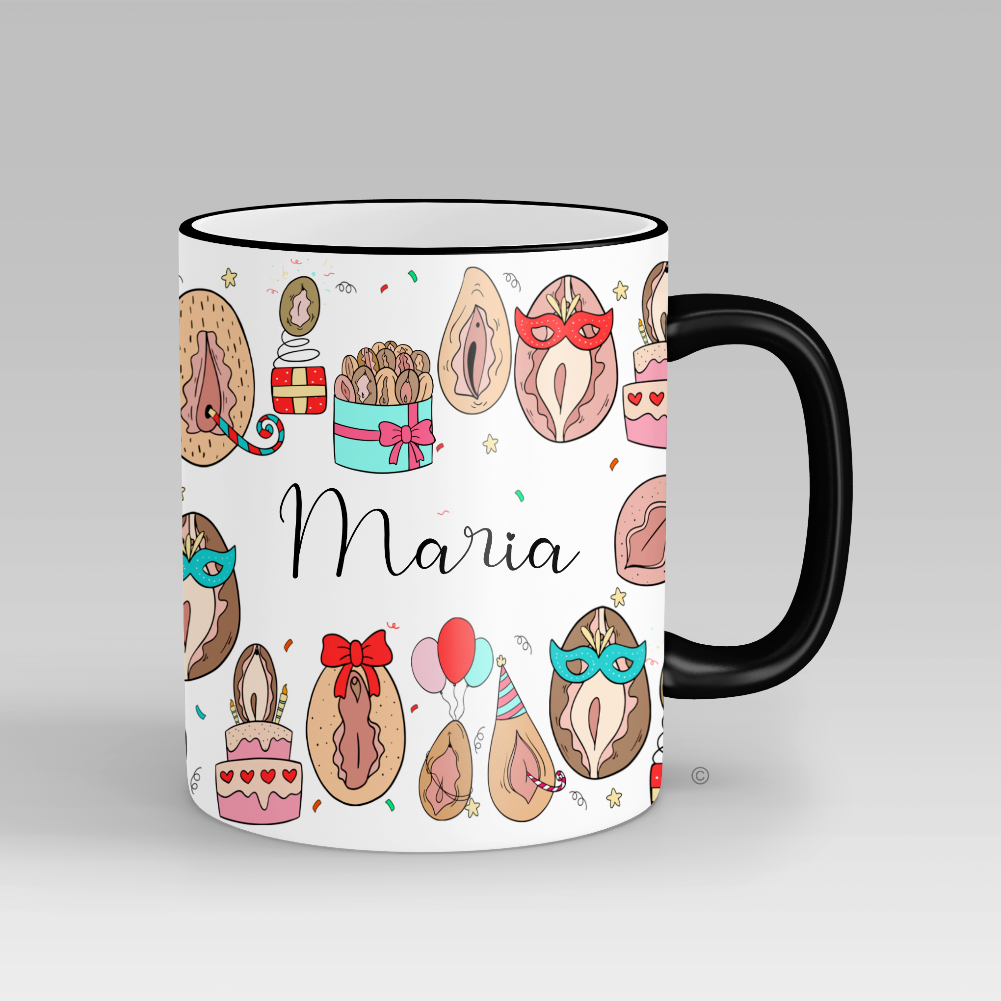 Personalised Kitty Birthday Mug – a cheeky and fun birthday gift for friends, coworkers, and partners. Matching wine glasses available.