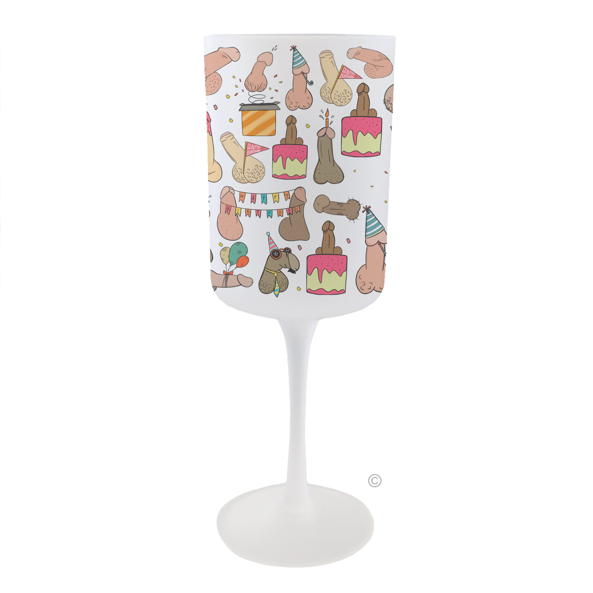 Birthday Willy Wine Glass – a frosted 275ml design featuring playful willy-themed doodles, perfect for birthday celebrations.
