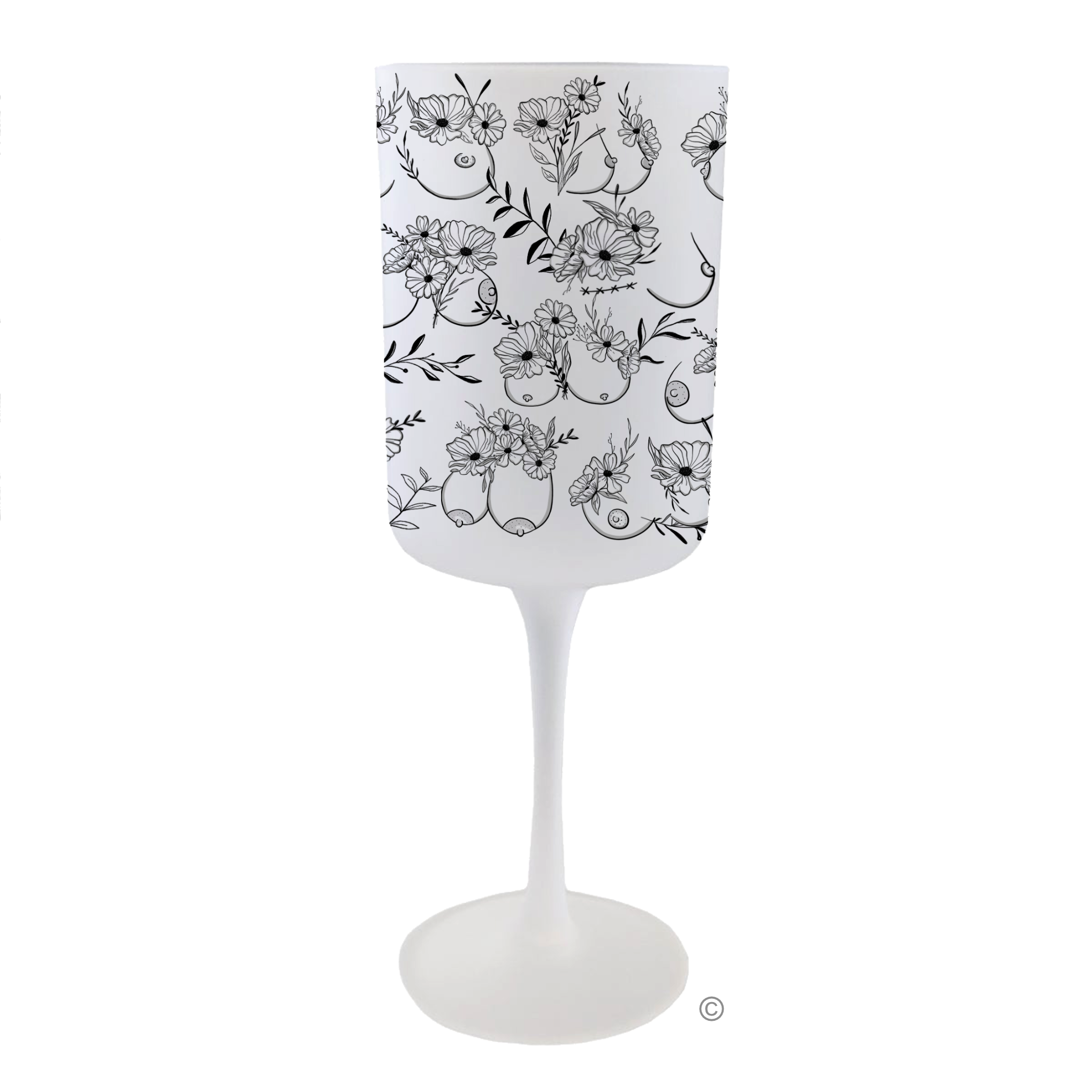 Bloom & Bust Wine Glass – an elegant yet playful frosted glass design, perfect for any fun celebration.