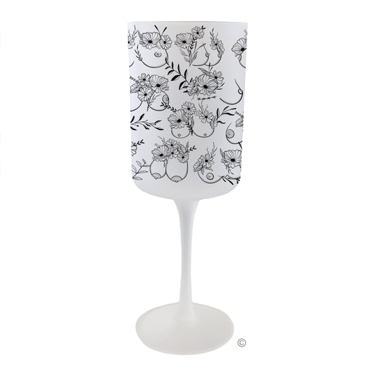 Bloom & Bust Wine Glass – an elegant yet playful frosted glass design, perfect for any fun celebration.