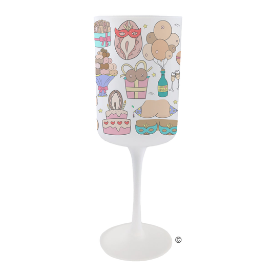 Bust & Bits Birthday Wine Glass – a frosted 275ml design with fun feminine doodles for bold birthday celebrations.