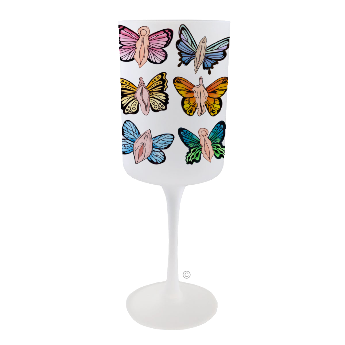 Butterfly Beauties Wine Glass – a bold, frosted wine glass featuring vibrant butterfly designs with a cheeky twist.