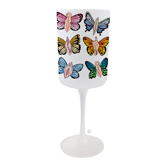 Butterfly Beauties Wine Glass – a bold, frosted wine glass featuring vibrant butterfly designs with a cheeky twist.