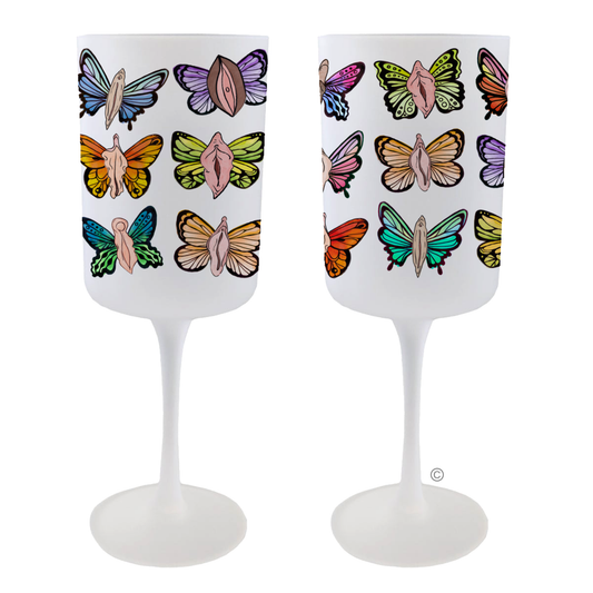 Butterfly Beauties Wine Glass – a bold, frosted wine glass featuring vibrant butterfly designs with a cheeky twist.