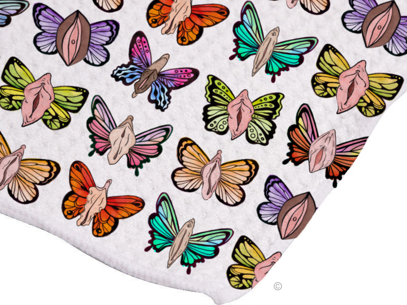 Butterfly Vibes Tea Towel – a vibrant, cheeky, and fun kitchen towel with a bold artistic design.