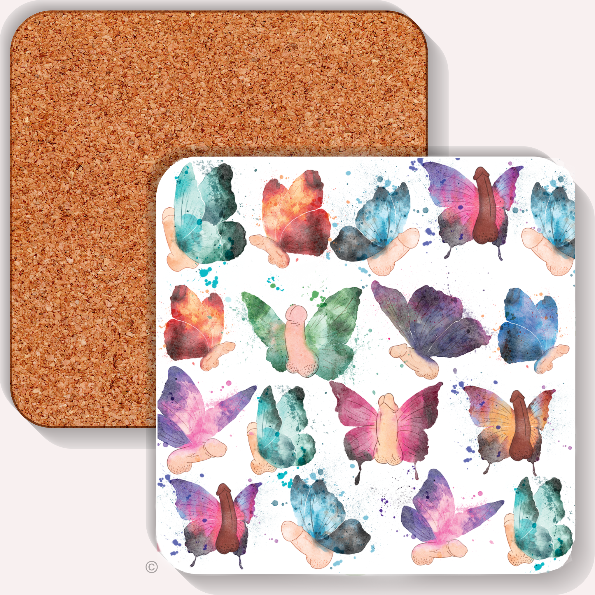 Colourful butterfly willies coaster – funny rude novelty gift for adults, bold and cheeky tableware for gifting.