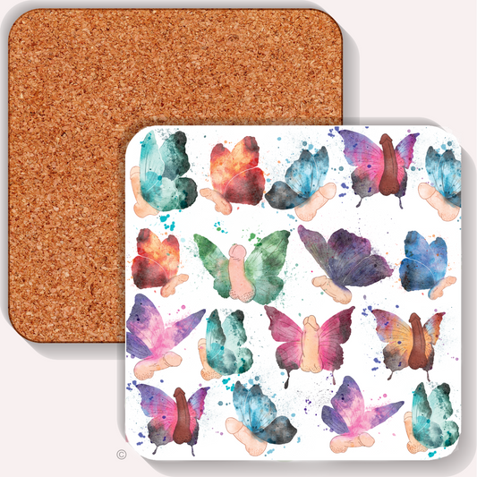 Colourful butterfly willies coaster – funny rude novelty gift for adults, bold and cheeky tableware for gifting.