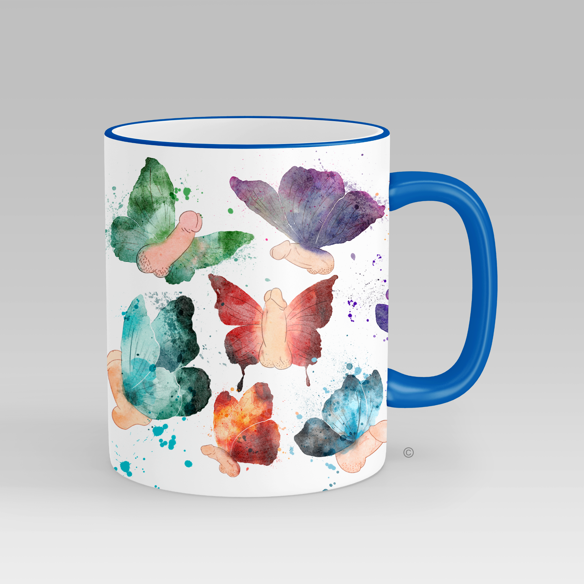 Butterfly Willy Mug – a quirky and cheeky gift for birthdays, Secret Santa, and lighthearted pranks. Matching tote bag & kitchen towel available.