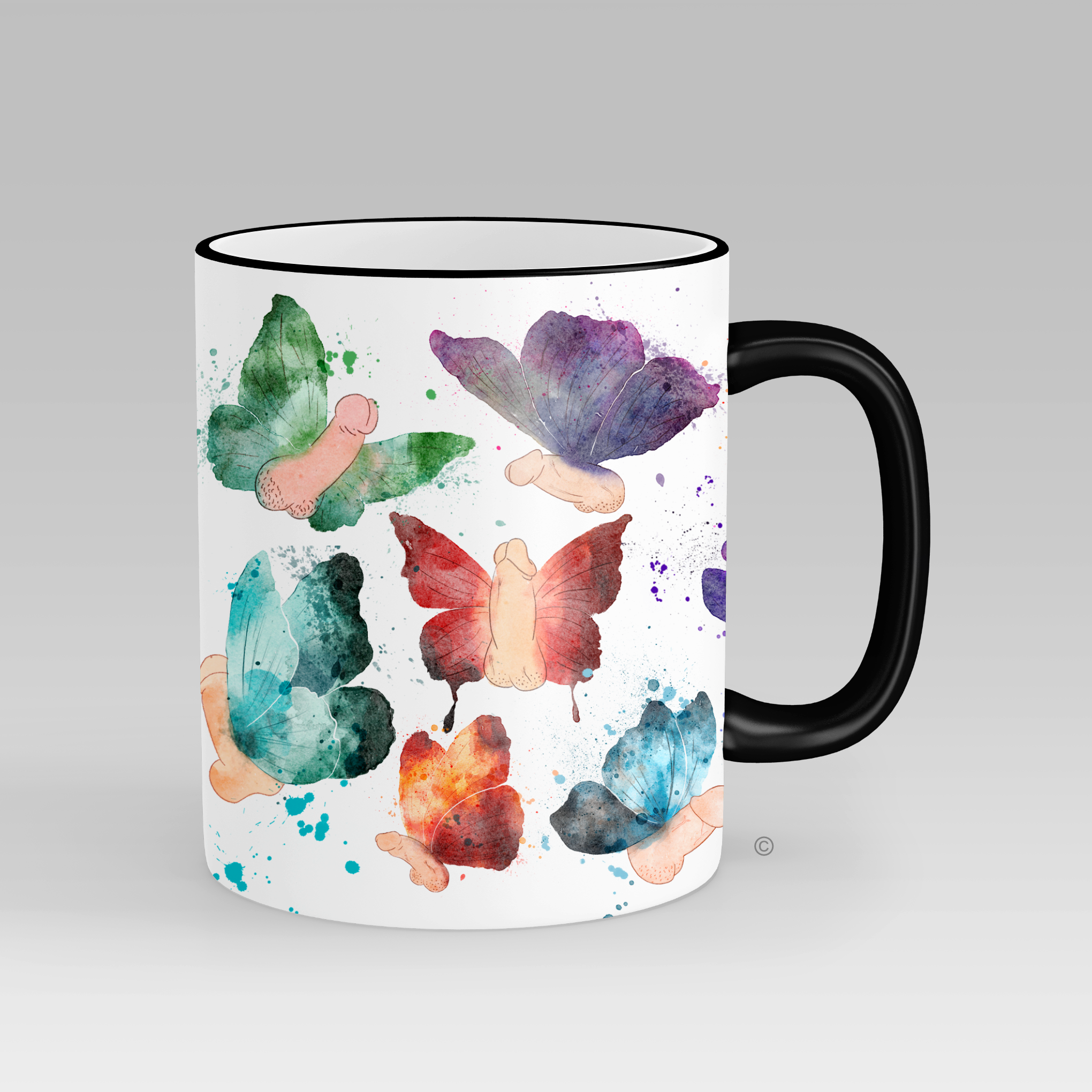 Butterfly Willy Mug – a quirky and cheeky gift for birthdays, Secret Santa, and lighthearted pranks. Matching tote bag & kitchen towel available.