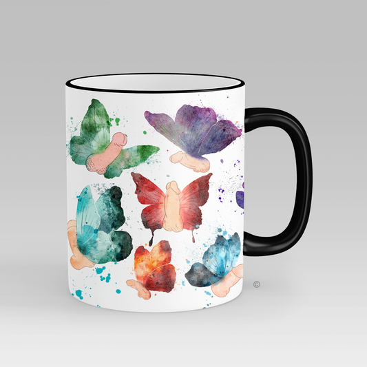Butterfly Willy Mug – a quirky and cheeky gift for birthdays, Secret Santa, and lighthearted pranks. Matching tote bag & kitchen towel available.