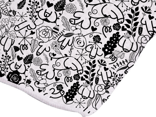 Doodle Dongs Tea Towel – a bold, minimalist, and cheeky kitchen towel featuring playful artistic doodles.