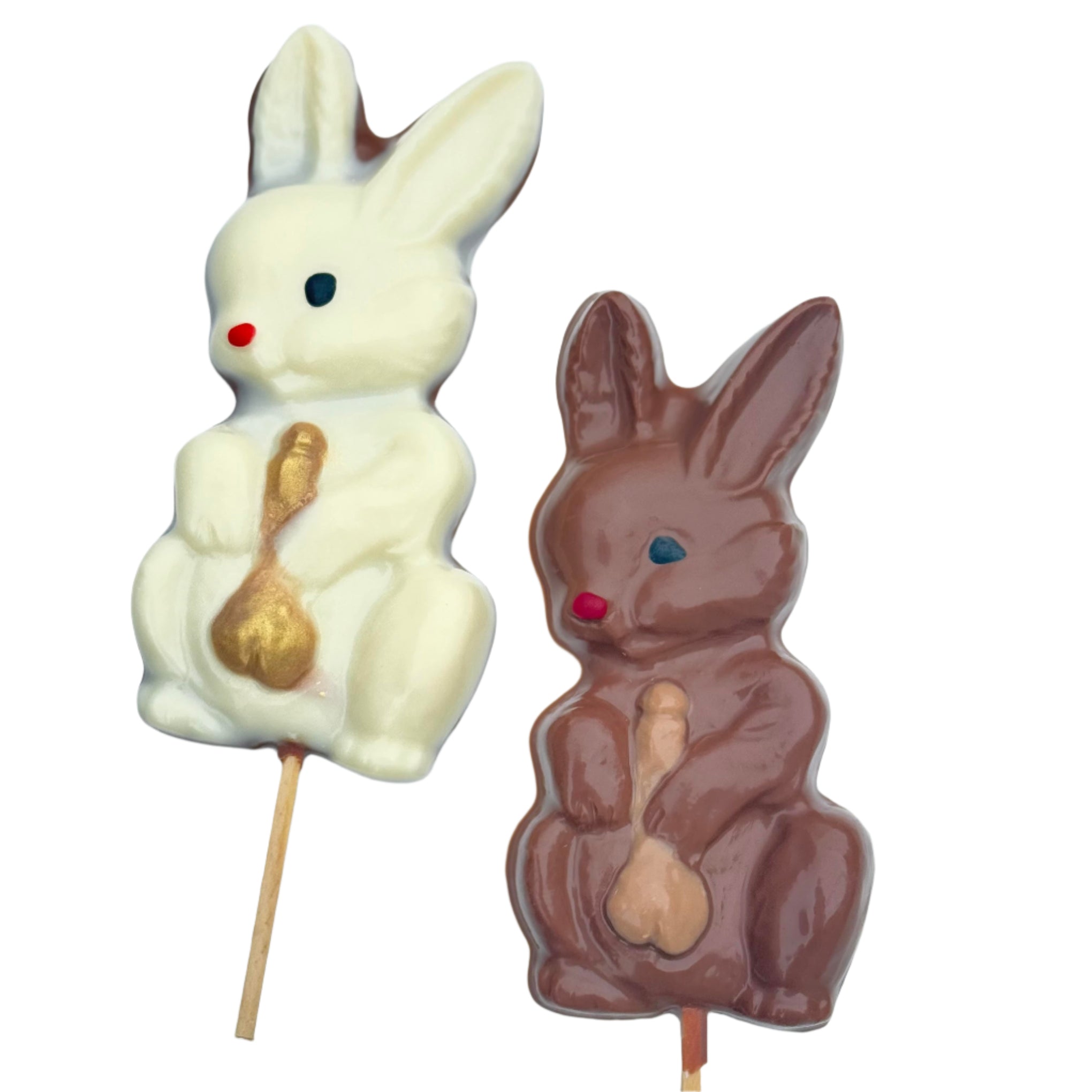 Belgian chocolate bunny lollies with golden surprise – funny, adult Easter gift available in milk, white & bueno-style chocolate.