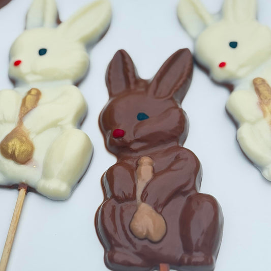 Trio of Belgian chocolate Easter bunny lollies – milk, white, and Bueno-style – fun adult Easter gift set