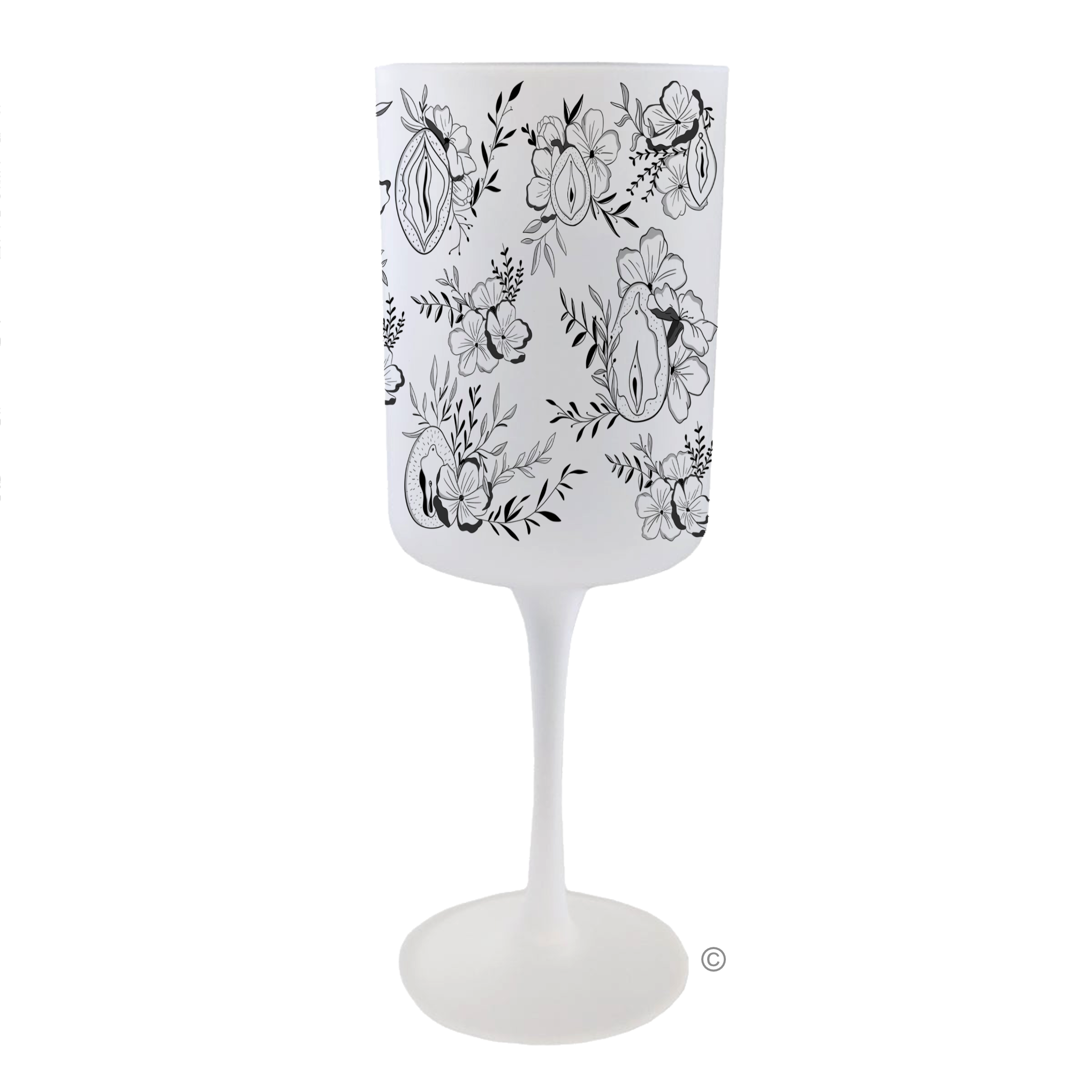 Female Floral Wine Glass – a frosted design with black flower patterns, perfect for birthdays, weddings, or any special celebration.