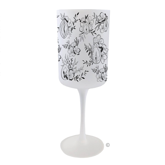 Female Floral Wine Glass – a frosted design with black flower patterns, perfect for birthdays, weddings, or any special celebration.