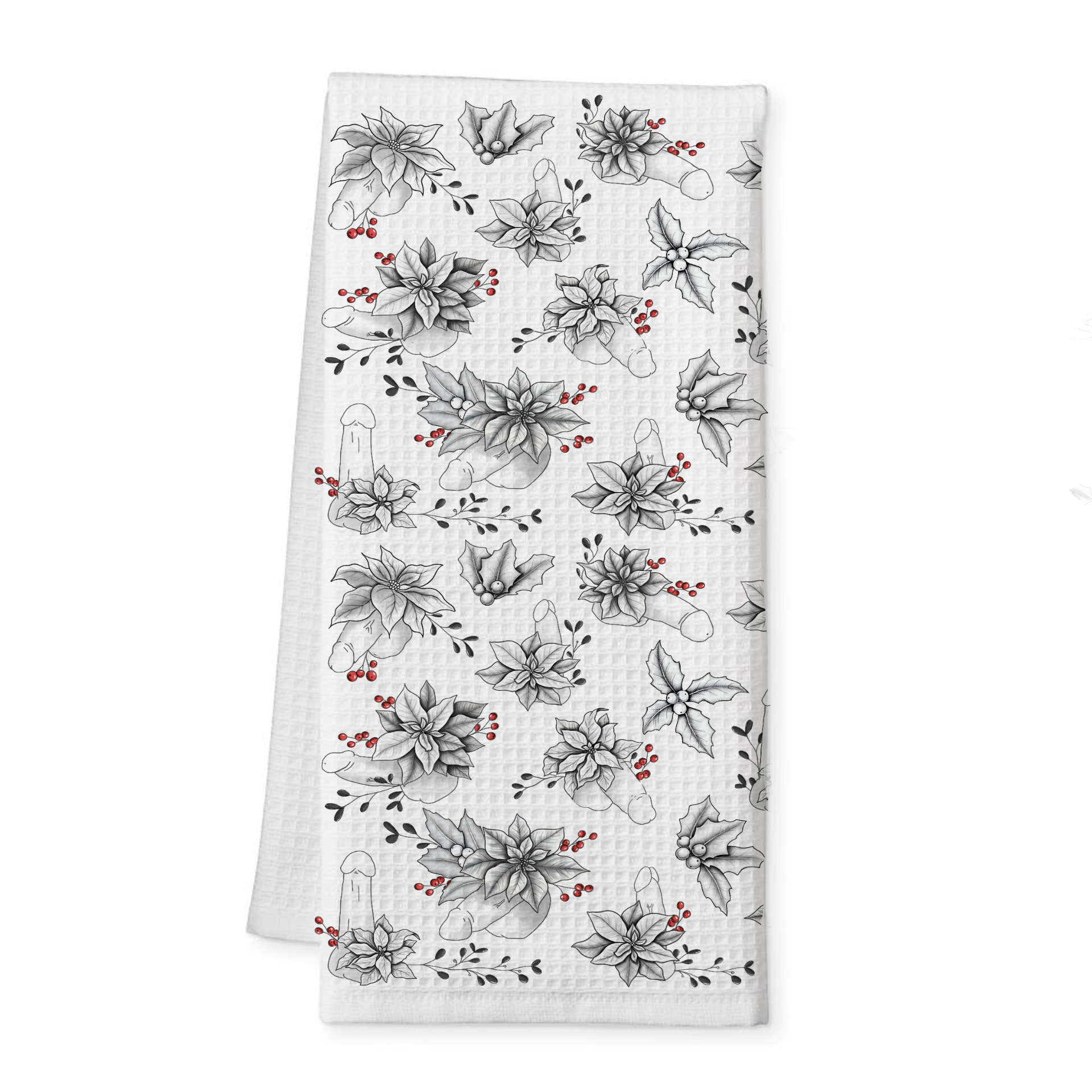 humorous Christmas tea towel with winter florals and hidden willies by Risqué Gifts