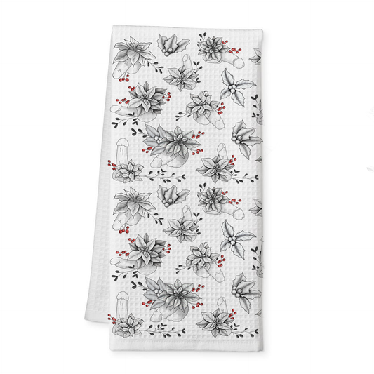 humorous Christmas tea towel with winter florals and hidden willies by Risqué Gifts