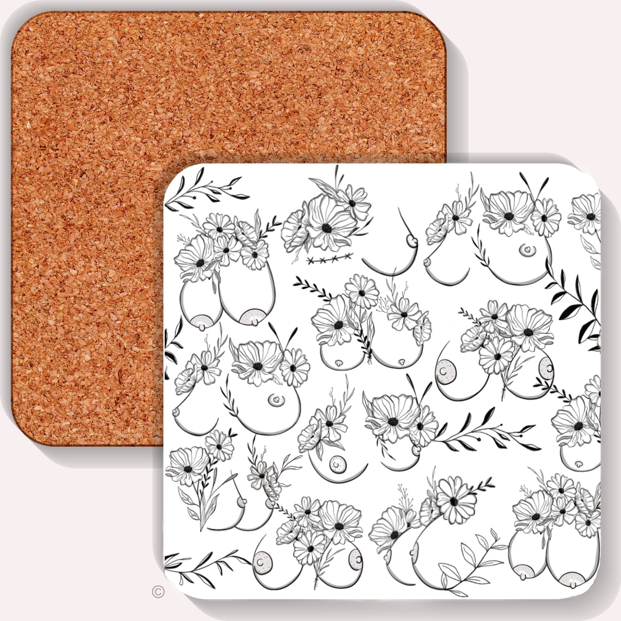 Cheeky floral boob coaster – black and white line art with flowers, perfect gift for friends, birthdays or Christmas.