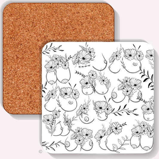 Cheeky floral boob coaster – black and white line art with flowers, perfect gift for friends, birthdays or Christmas.