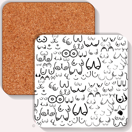 Black and white doodle boob coaster – funny rude novelty homeware gift for adults, perfect for hen parties, birthdays, and bold home decor.