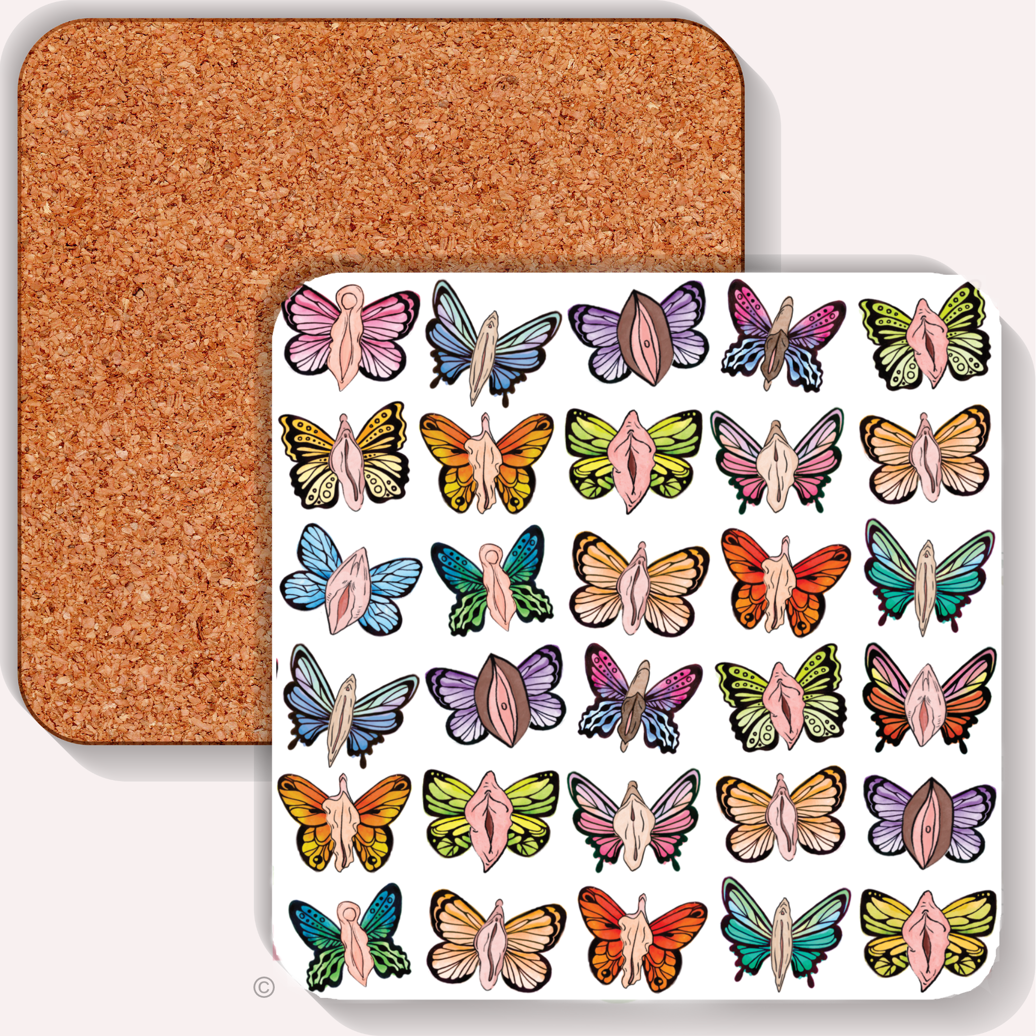 Colourful vulva butterfly coaster – funny and bold adult novelty gift, ideal for cheeky birthdays and matching with mugs or tea towels.