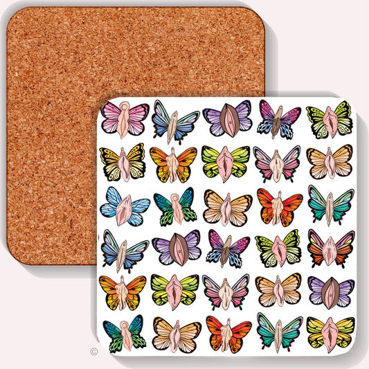 Colourful vulva butterfly coaster – funny and bold adult novelty gift, ideal for cheeky birthdays and matching with mugs or tea towels.