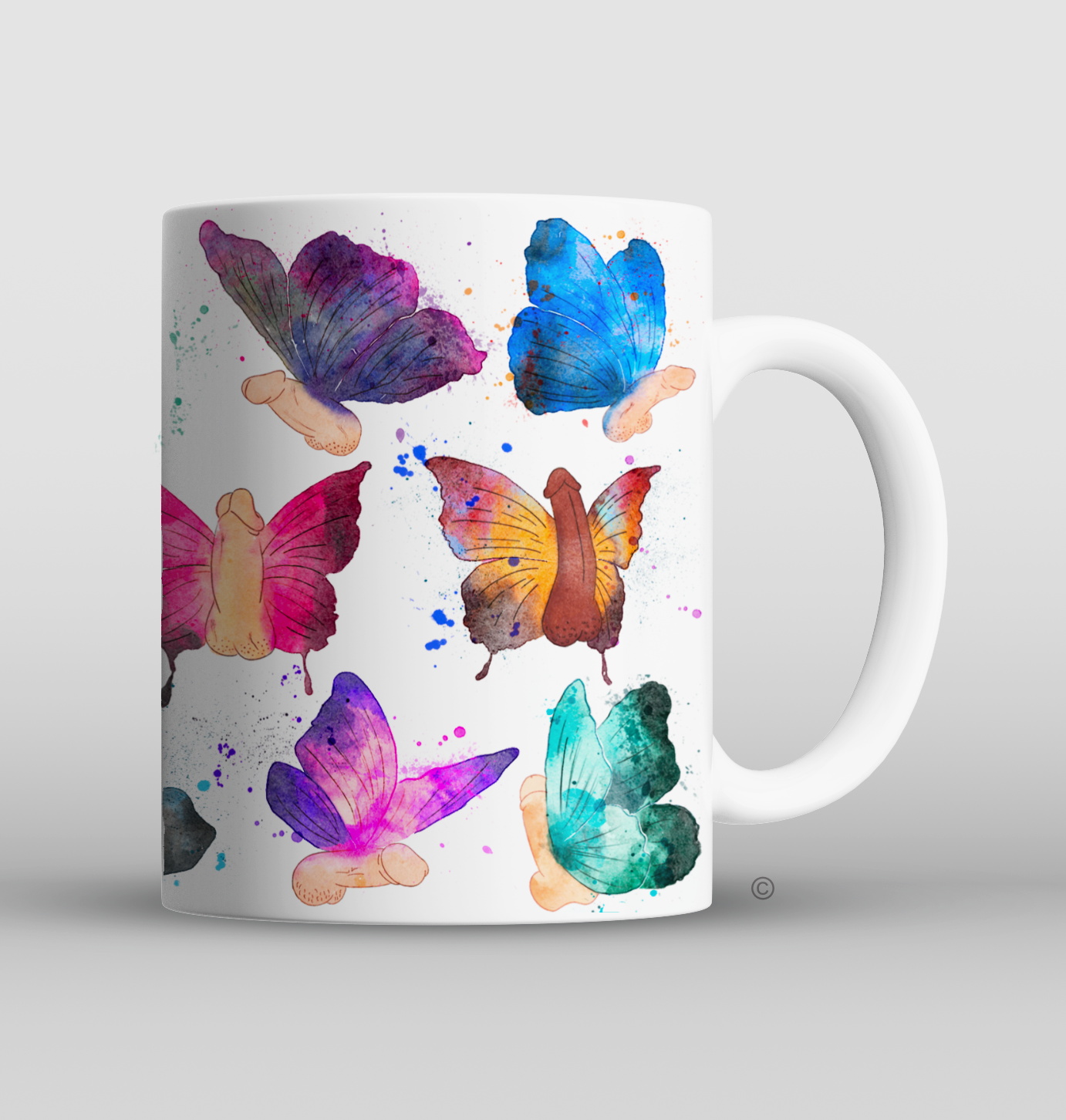 Butterfly Willy Mug – a quirky and cheeky gift for birthdays, Secret Santa, and lighthearted pranks. Matching tote bag & kitchen towel available.