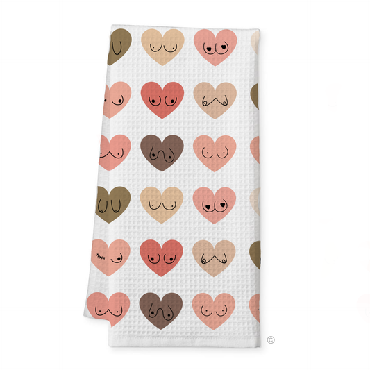 Hearts & Baps Tea Towel – a funny, vibrant, and cheeky kitchen towel featuring a bold and playful design.