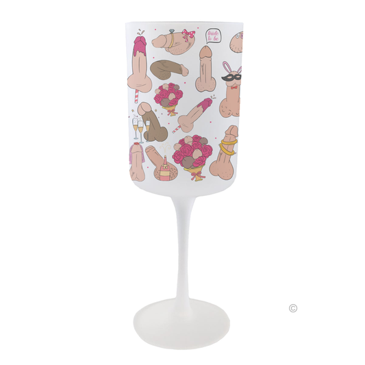 Hen Do Wine Glass with frosted finish and exclusive playful design, perfect for bride-to-be celebrations