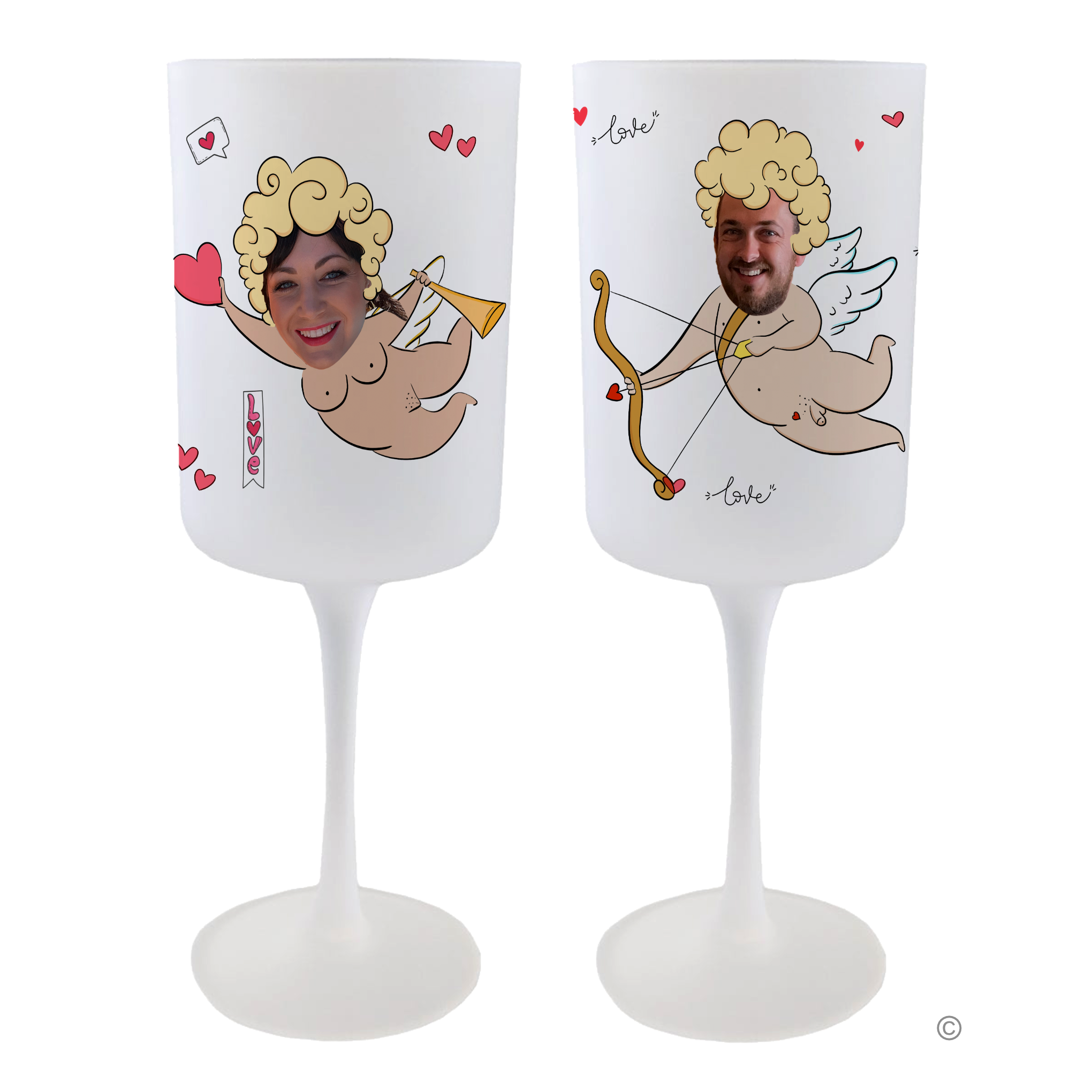 Personalised Love-Faced Goblet featuring a custom cupid design on a frosted 275ml glass for fun and romantic occasions.