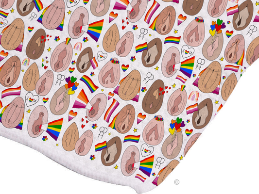 Lesbian Pride Tea Towel – a vibrant, cheeky, and inclusive kitchen towel celebrating lesbian love and pride.