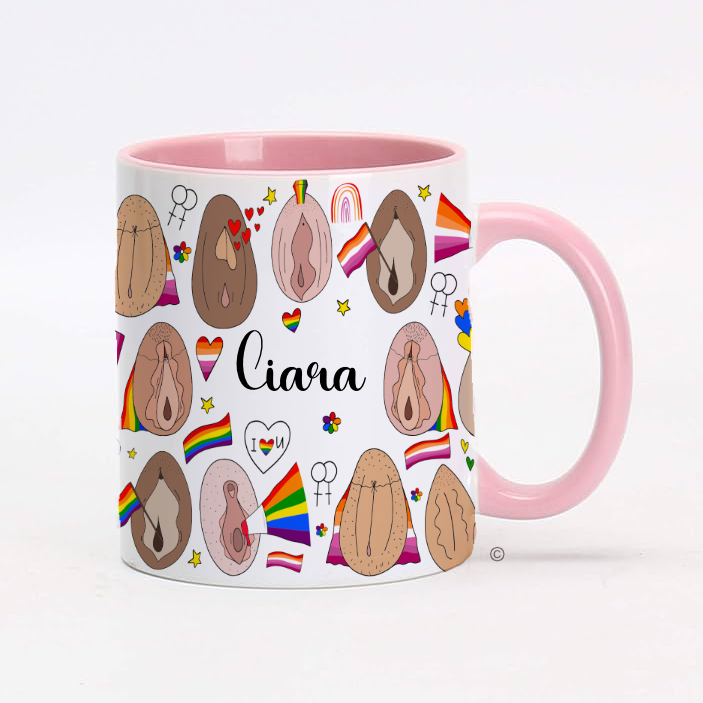 Lesbian Personalised Mug – a vibrant and playful gift celebrating Pride, identity, and self-expression. Matching wine glasses & kitchen towels available.