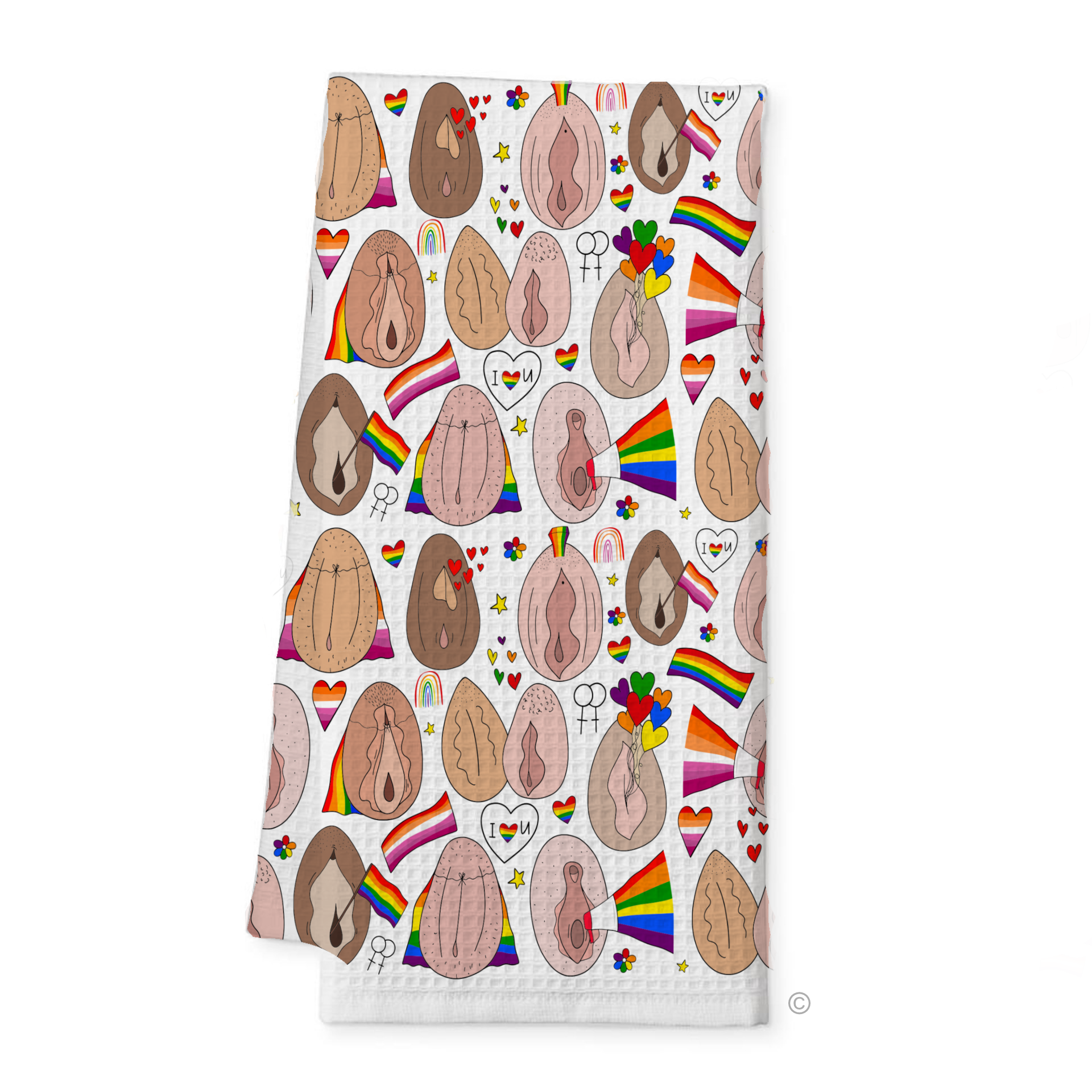Lesbian Pride Tea Towel – a vibrant, cheeky, and inclusive kitchen towel celebrating lesbian love and pride.