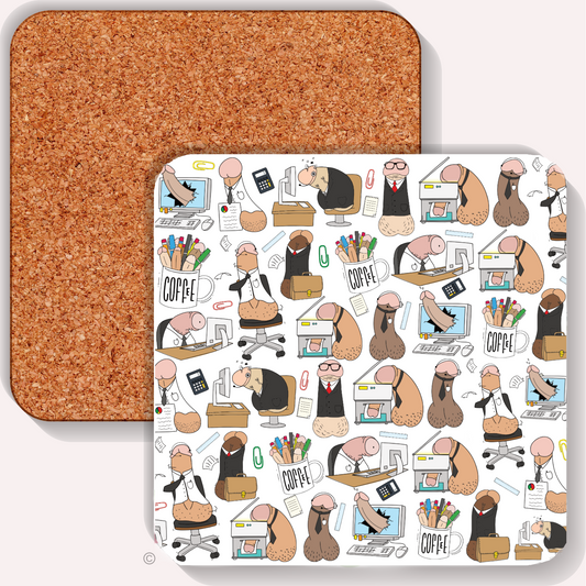 Funny office-themed coaster with cartoon penis characters in workplace scenes – ideal gift for colleagues and cheeky office humour.