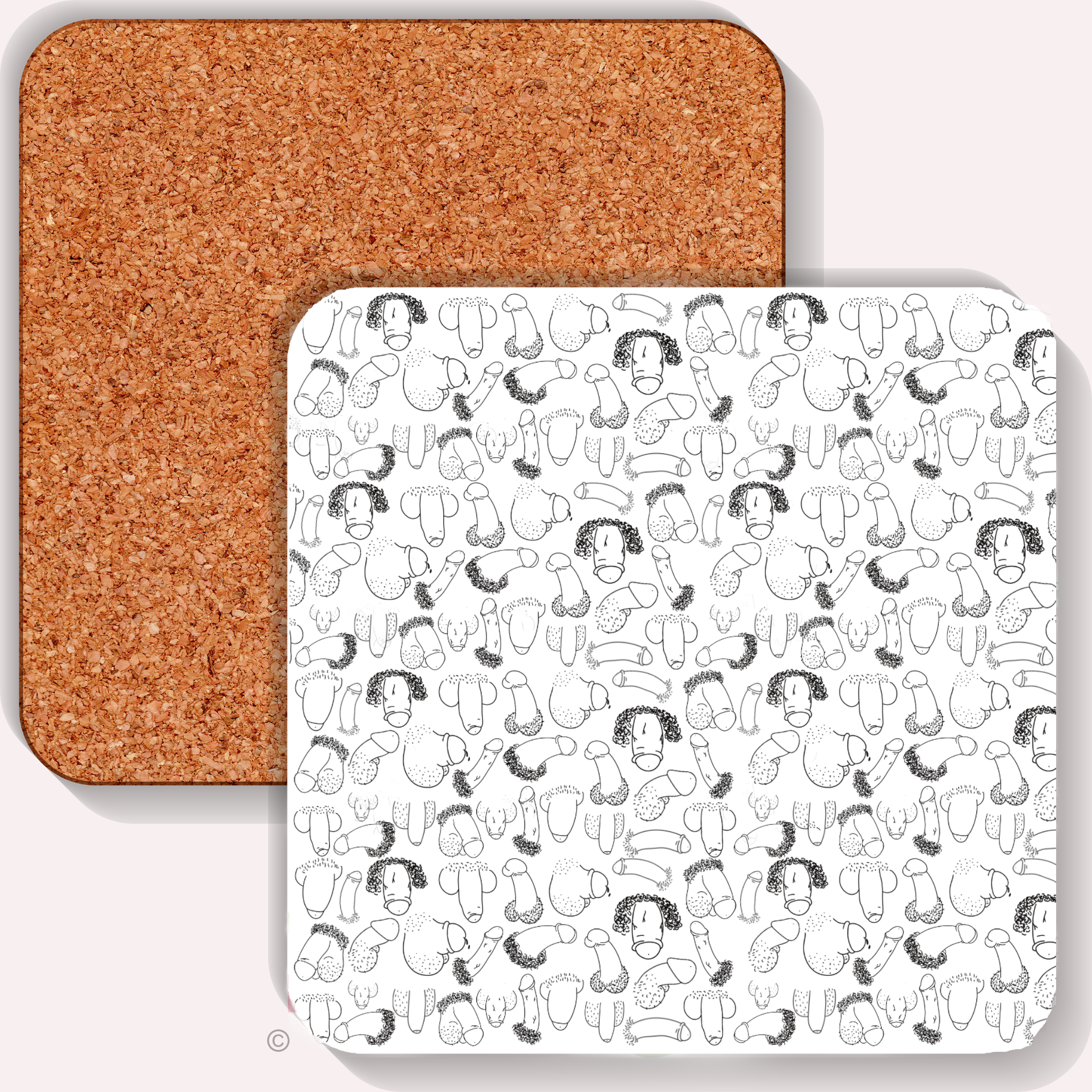 Black and white Doodle Willies Coaster – funny penis print for adults, bold novelty gift idea for rude friends.