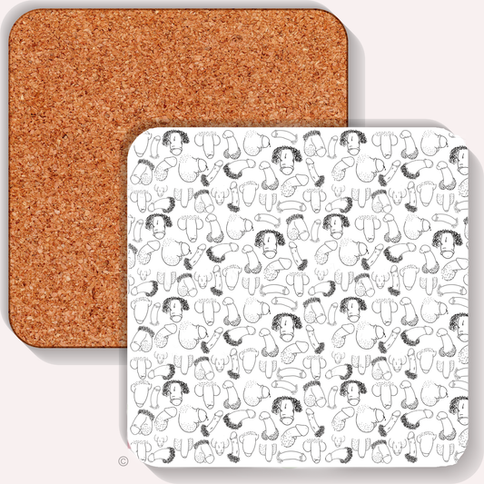 Black and white Doodle Willies Coaster – funny penis print for adults, bold novelty gift idea for rude friends.
