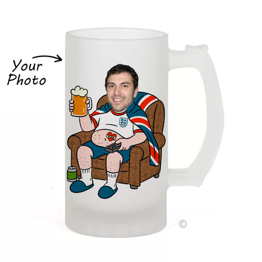 Personalised football beer glass with custom face print – perfect funny gift for football lovers.