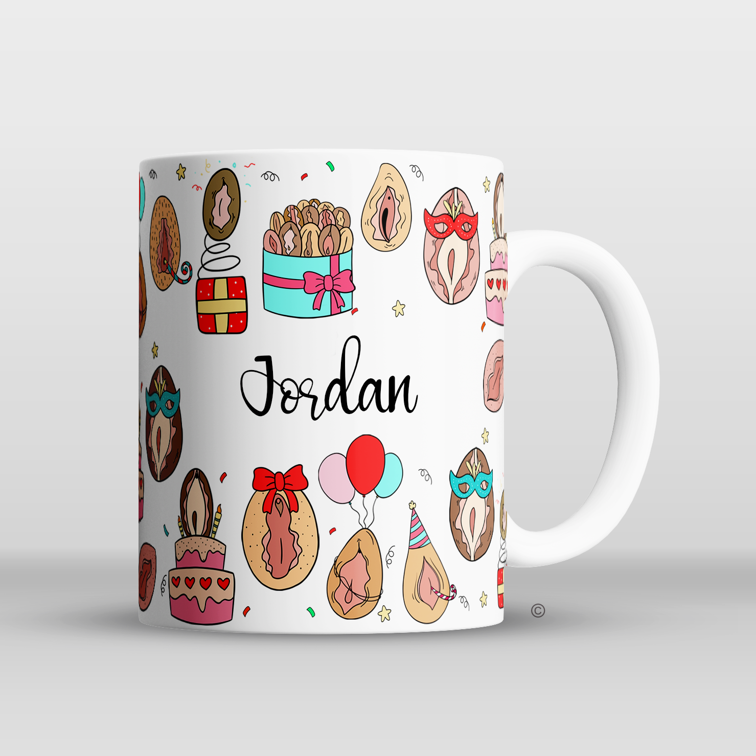 Personalised Kitty Birthday Mug – a cheeky and fun birthday gift for friends, coworkers, and partners. Matching wine glasses available.