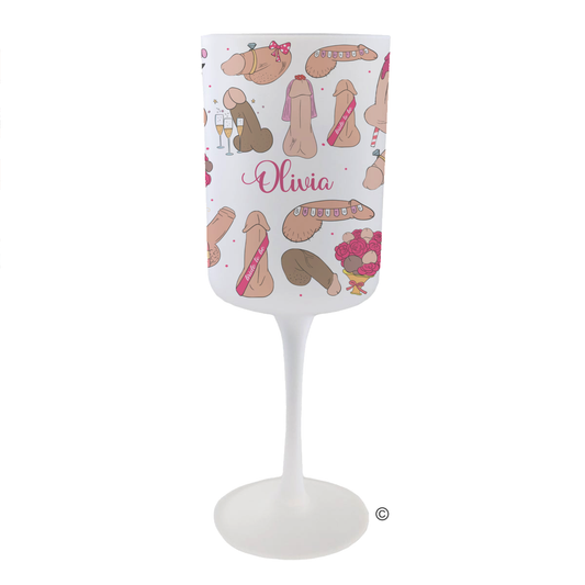 Personalised Hen Do Wine Glass with frosted finish and exclusive playful design, perfect for bride-to-be celebrations