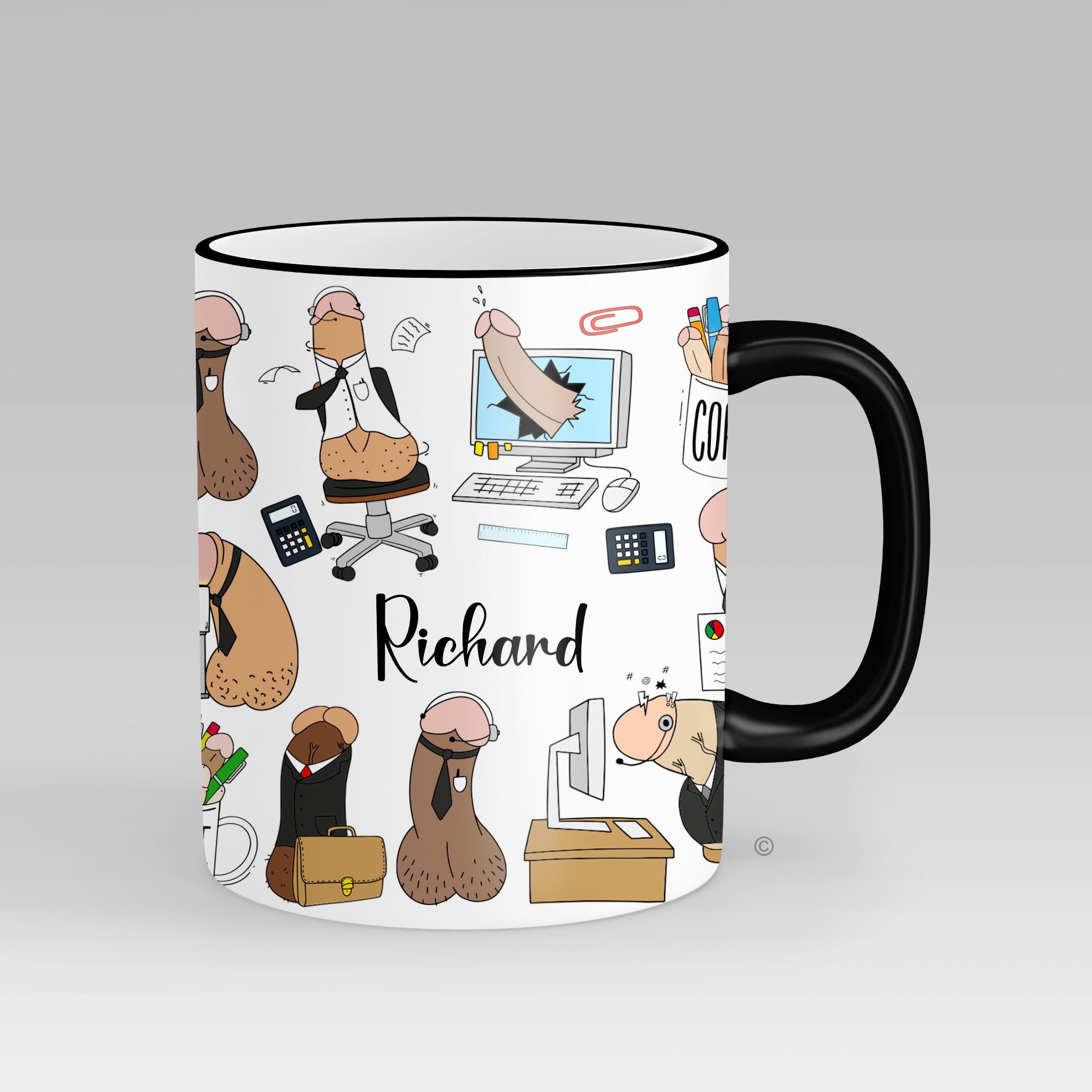 Personalised Office Willy Mug – a humorous ceramic mug for calling out that annoying boss or co-worker, with matching products available.