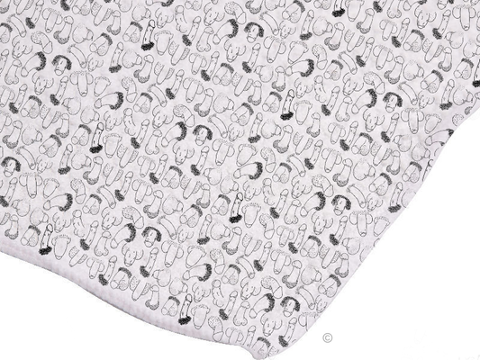 Phallic Art Tea Towel – a funny, cheeky, and artistic black-and-white kitchen towel featuring unique shapes.
