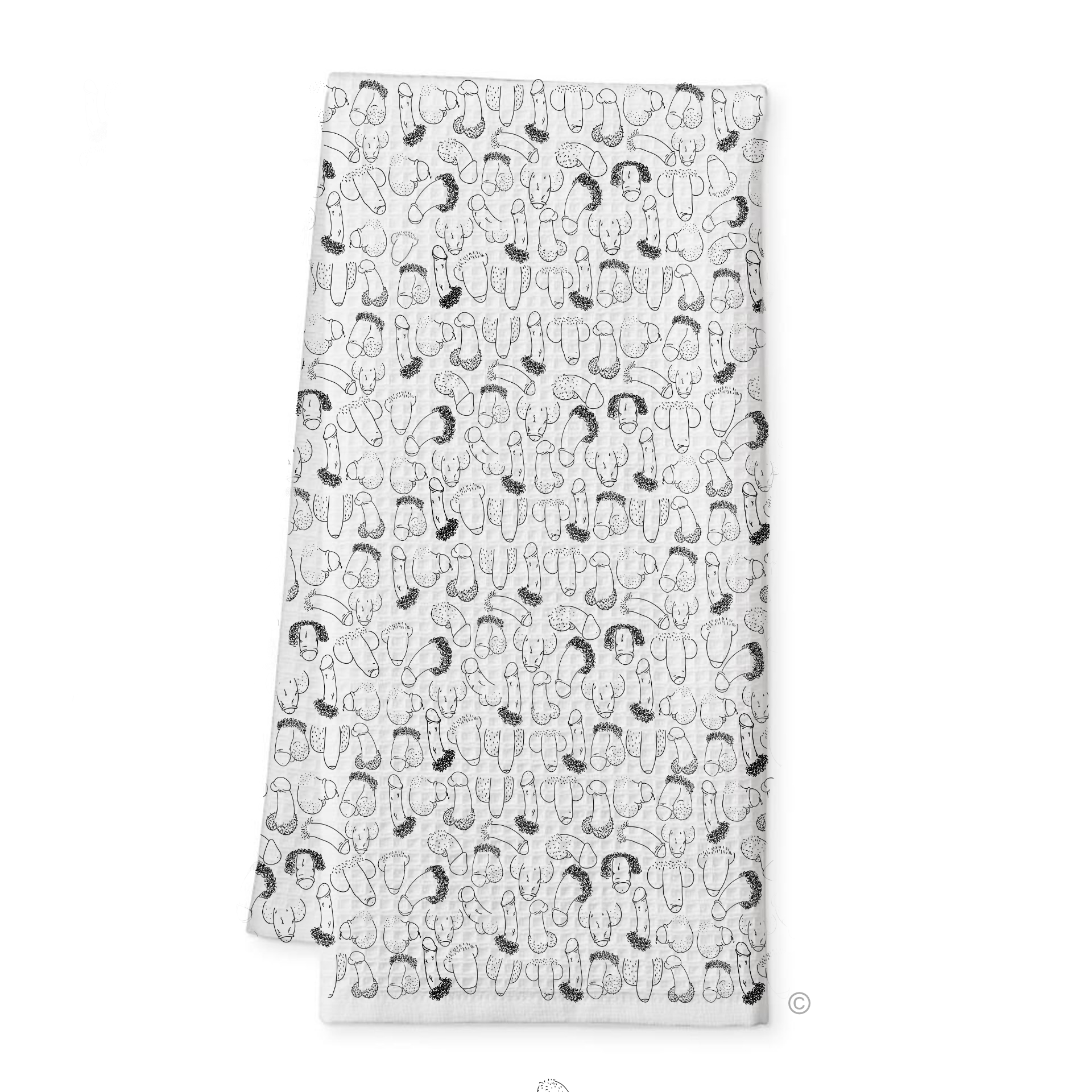 Phallic Art Tea Towel – a funny, cheeky, and artistic black-and-white kitchen towel featuring unique shapes.