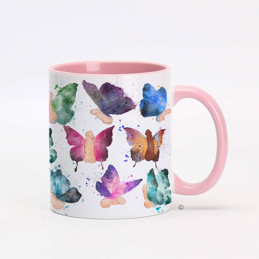 Butterfly Willy Mug – a quirky and cheeky gift for birthdays, Secret Santa, and lighthearted pranks. Matching tote bag & kitchen towel available.