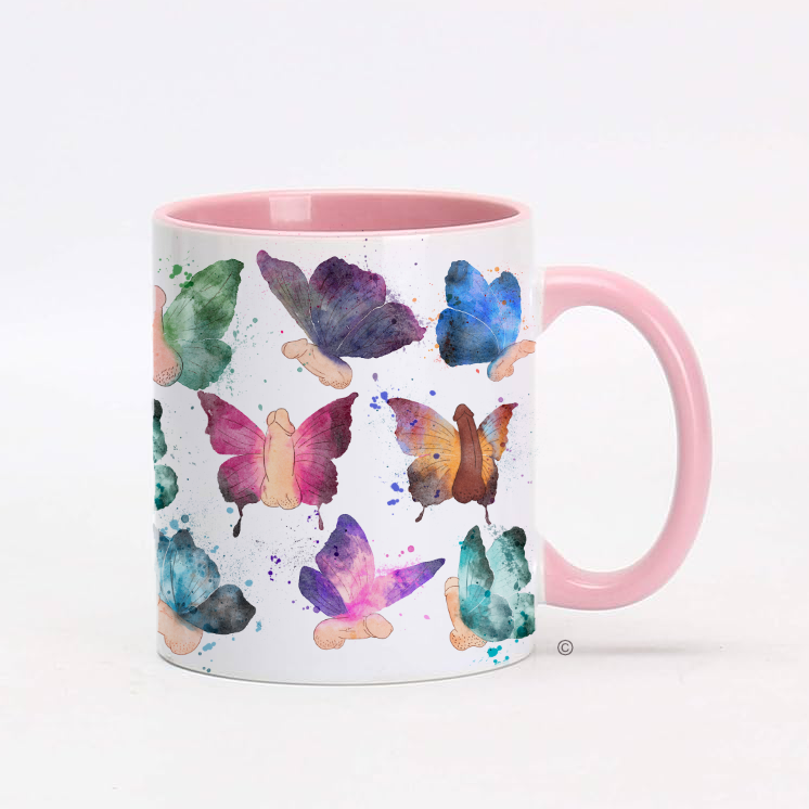 Butterfly Willy Mug – a quirky and cheeky gift for birthdays, Secret Santa, and lighthearted pranks. Matching tote bag & kitchen towel available.