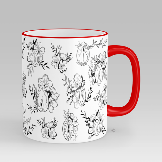 Lady Flowers Mug – an elegant yet cheeky floral gift for birthdays, Valentine’s, and anniversaries. Matching wine glasses & kitchen towels available.