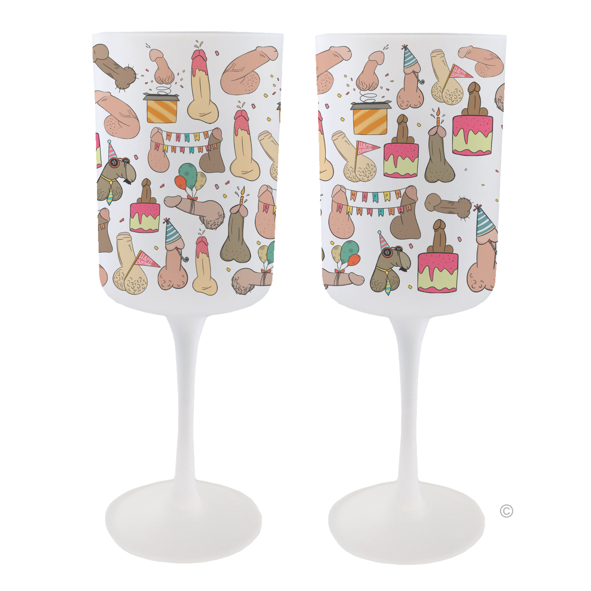 Set of Birthday Willy Wine Glasses – a frosted 275ml design featuring playful willy-themed doodles, perfect for birthday celebrations.