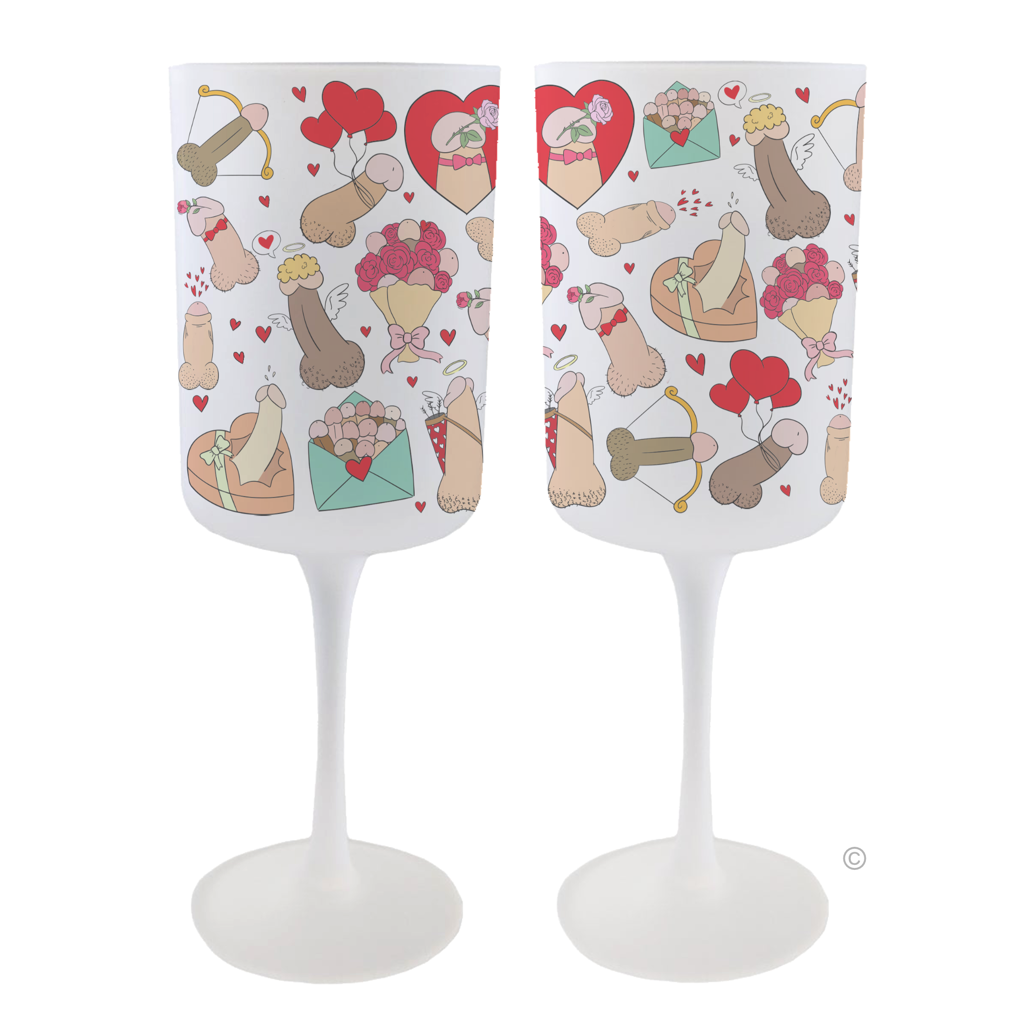 Set of  Willies Love Wine Glasses – a frosted, fun adult novelty perfect for Valentine's Day, birthdays, or any cheeky celebration.